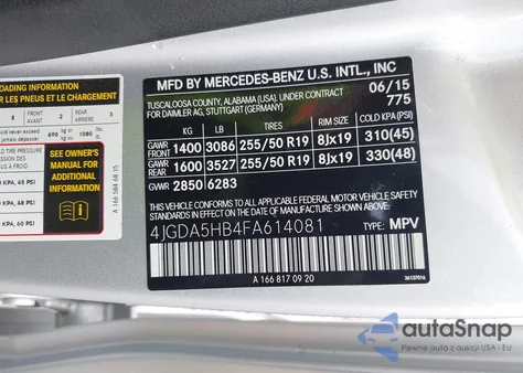 2015 Mercedes-Benz Ml 350 4Matic из США, поврежденный, VIN 4JGDA5HB4FA614081